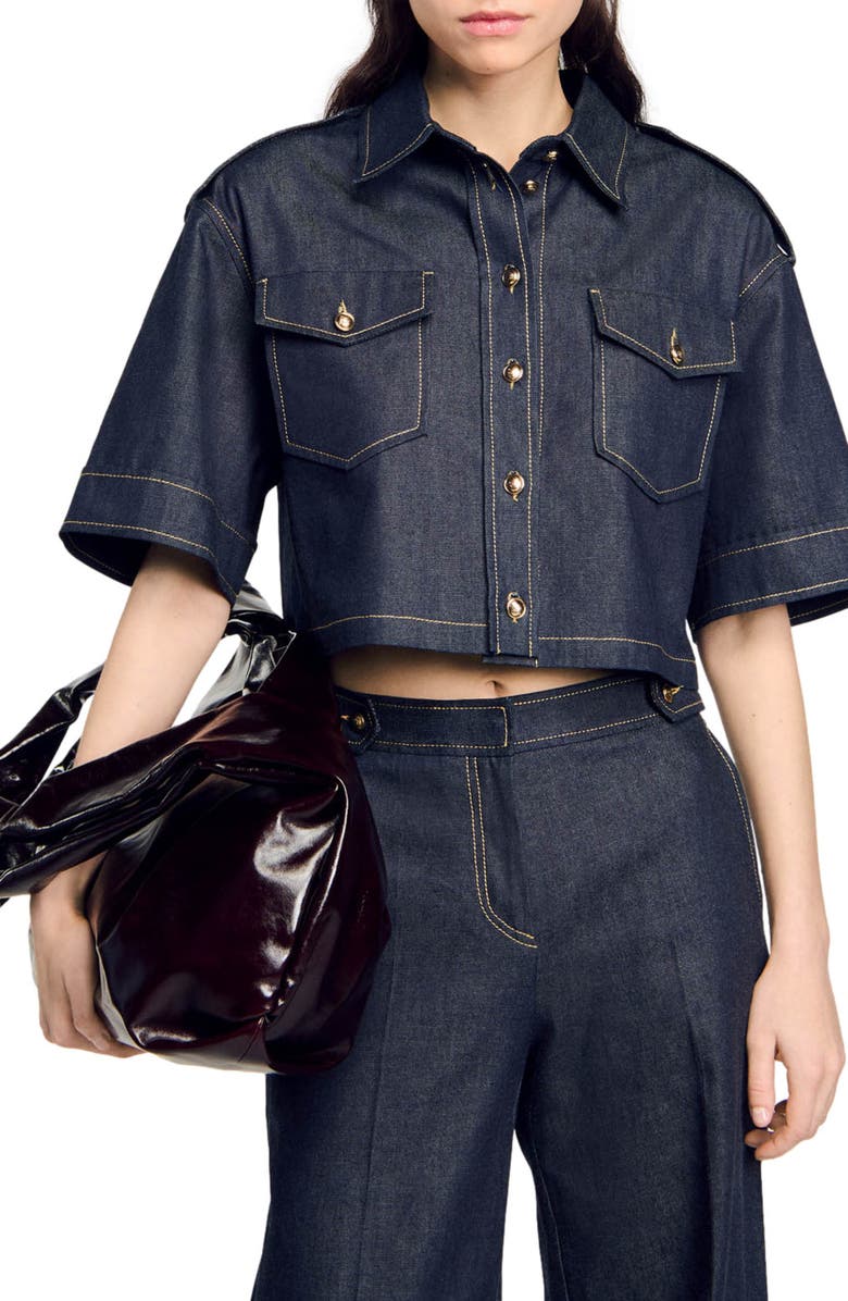 SANDRO Large shiny leather bag, Alternate, color,