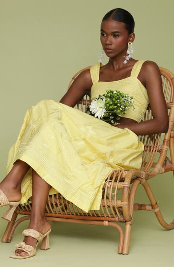 Floral Embroidered Pleated Cotton Midi Skirt