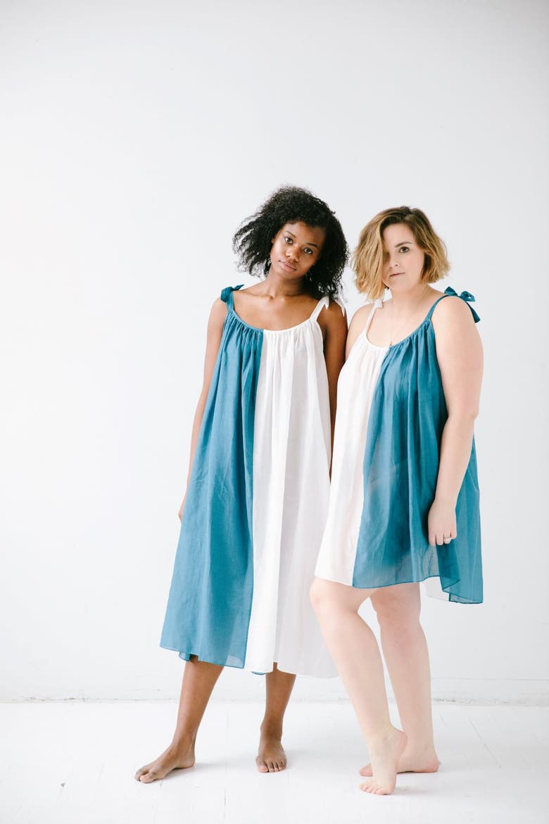 Sheer Tie Strap Babydoll in Silk Cotton Blend, Alternate, color, White/Teal