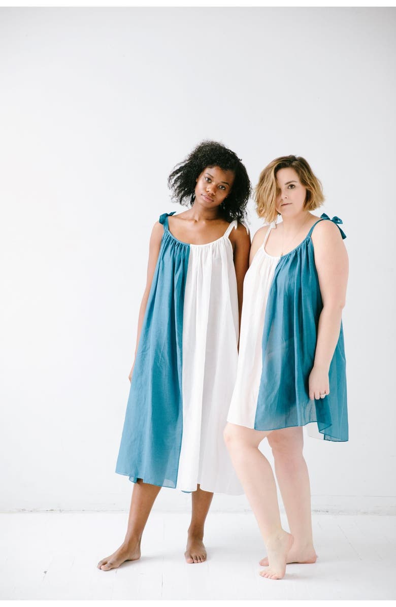 SALUA Sheer Tie Strap Babydoll in Silk Cotton Blend, Alternate, color, White/Teal