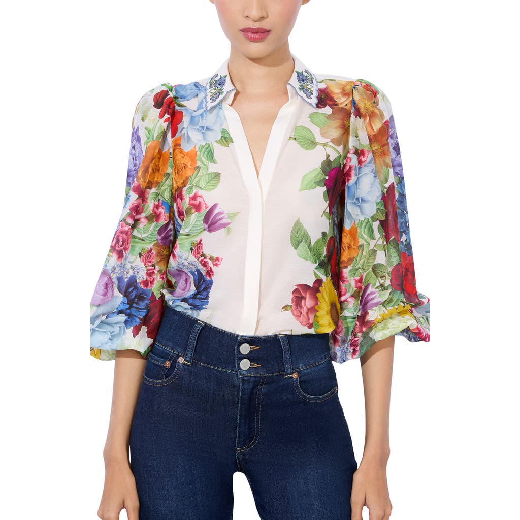 Shop Alice And Olivia Alice + Olivia Roanne Placed Floral Cotton & Silk Button-up Shirt In Garden Brunch Off White