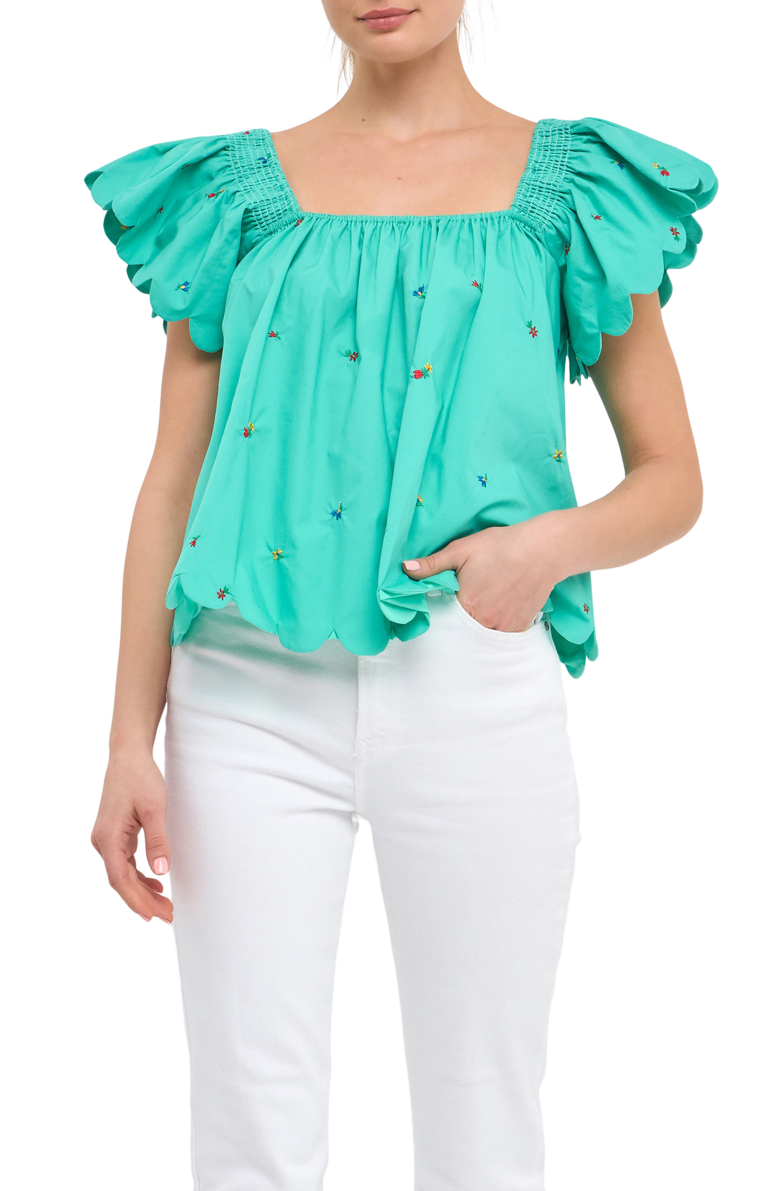 English Factory Floral Embroidered Scallop Trim Cotton Top