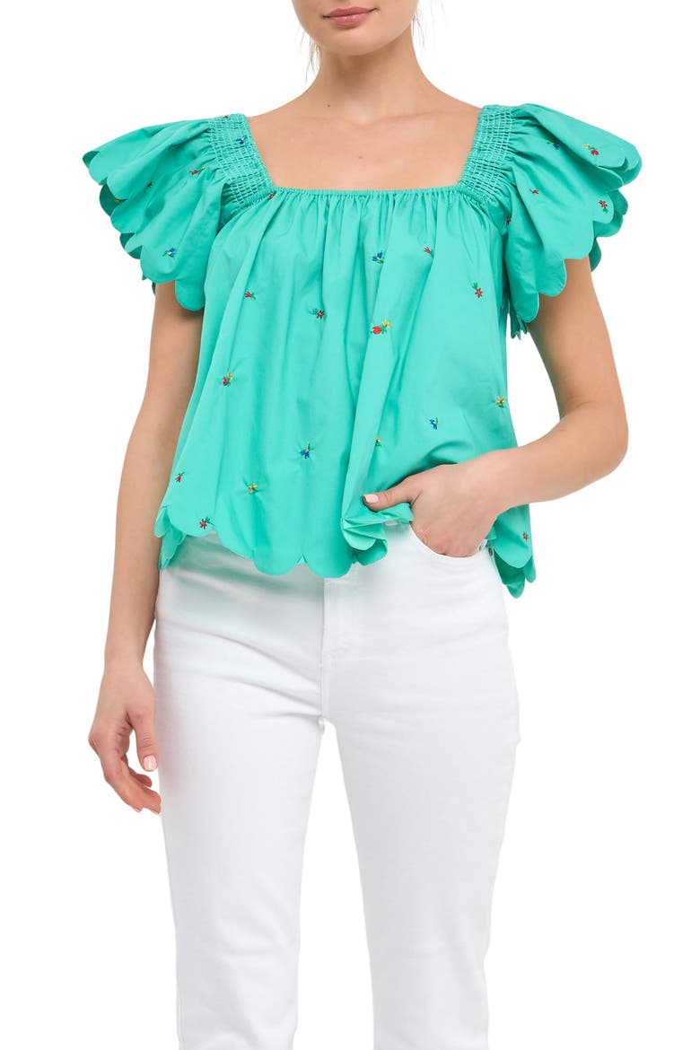 Floral Embroidered Scallop Trim Cotton Top, Main, color, EMERALD