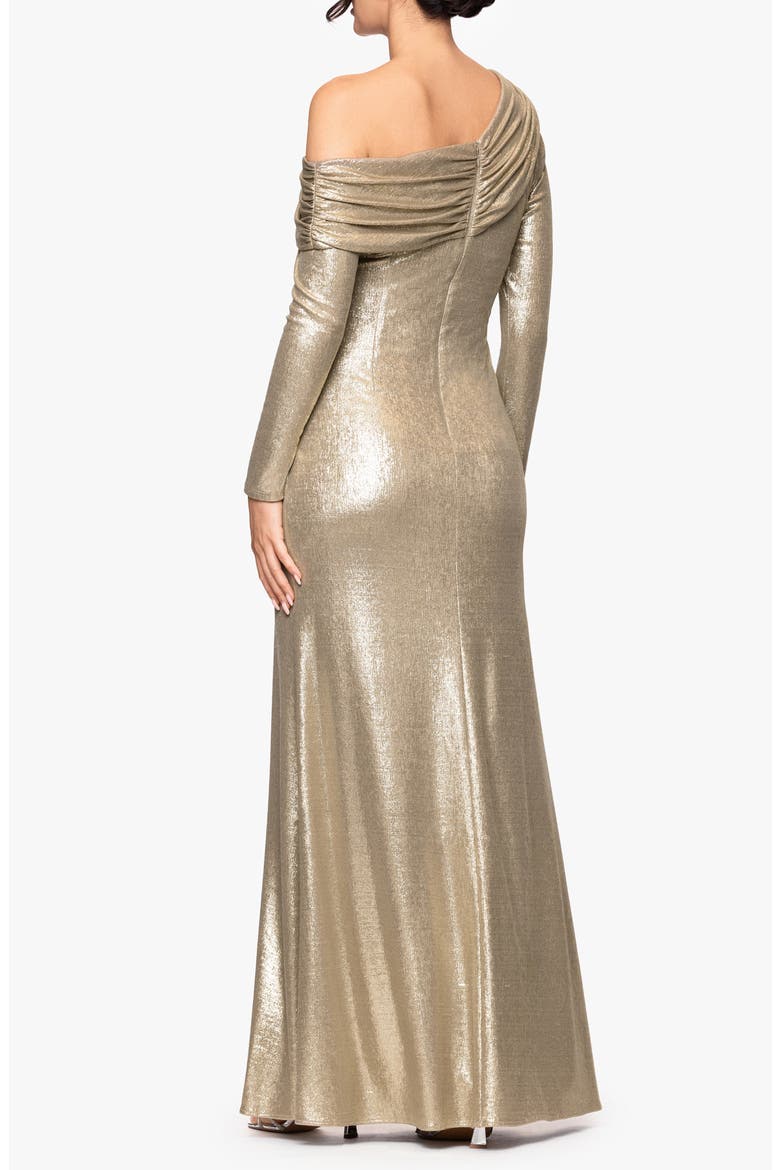 Metallic One-Shoulder Long Sleeve Gown, Alternate, color, GOLD