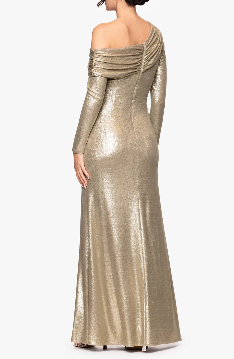 Betsy & Adam Metallic One-Shoulder Long Sleeve Gown, Alternate, color, Gold