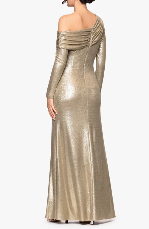 Betsy & Adam Metallic One-shoulder Long Sleeve Gown In Gold