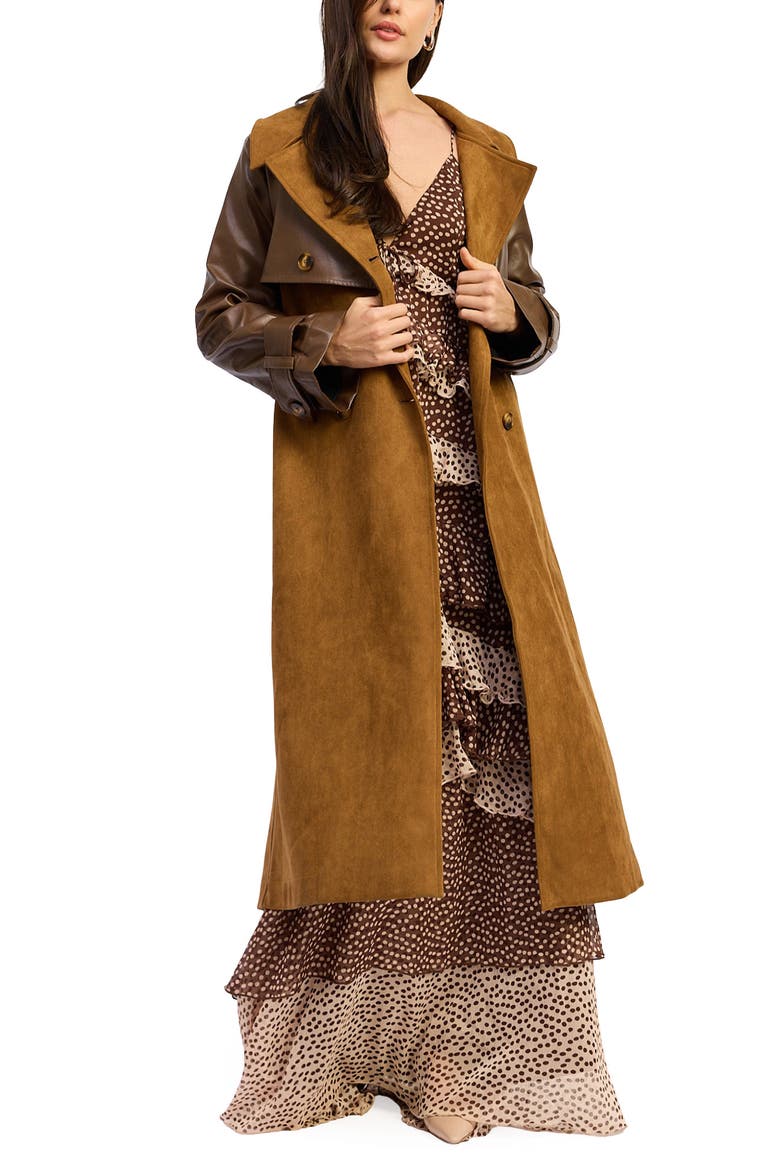 Yumi Faux Leather Trim Trench Coat, Alternate, color, BROWN