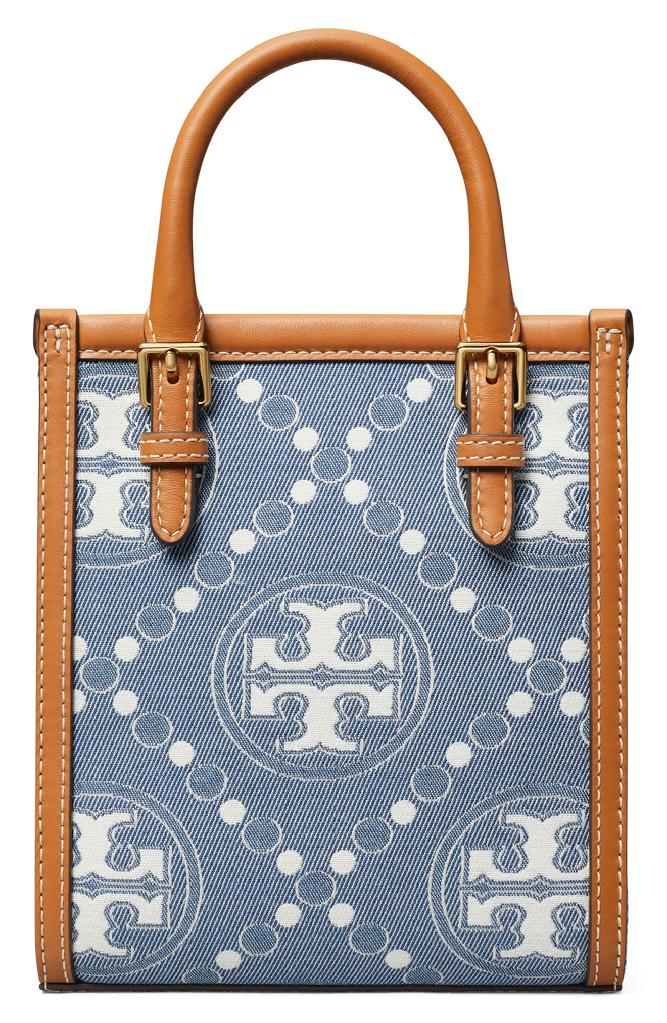 Tory Burch Mini T Monogram North/South Denim Tote, Alternate, color, 