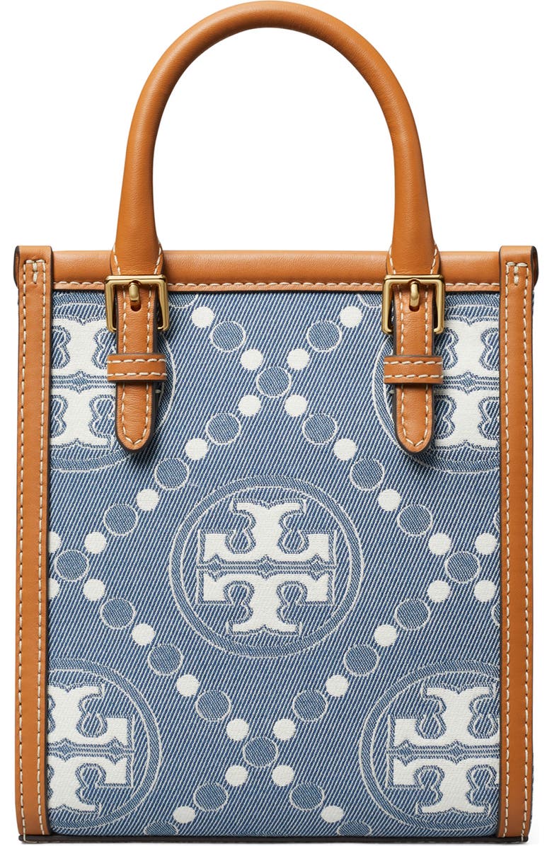 Tory Burch Mini T Monogram North/South Denim Tote, Alternate, color,