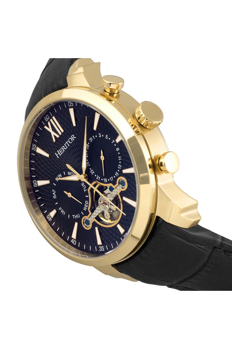 Arthur Semi-Skeleton Leather-Band Watch w/ Day/Date, Alternate, color, Gold/Black