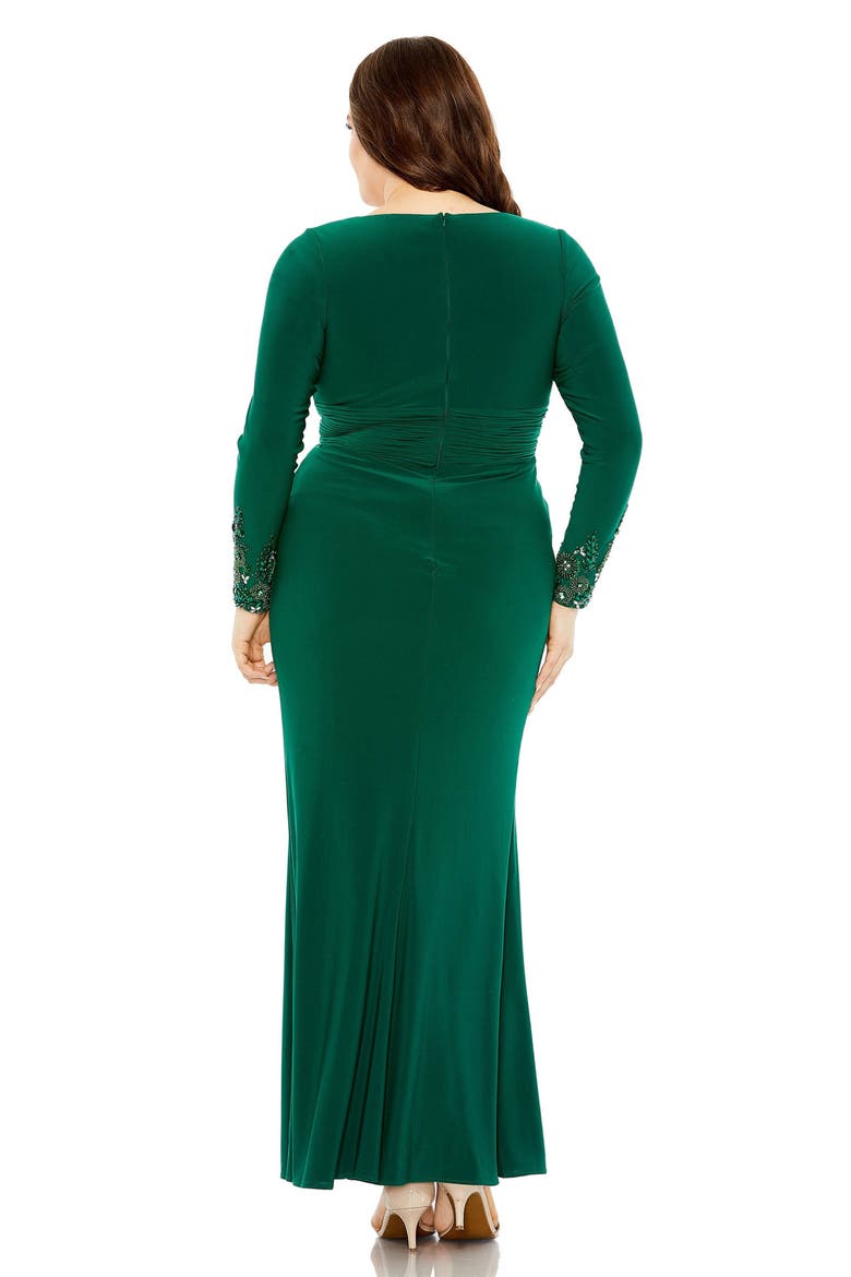 Long Crystal Detail Sleeve V Neck Gown, Alternate, color, Emerald