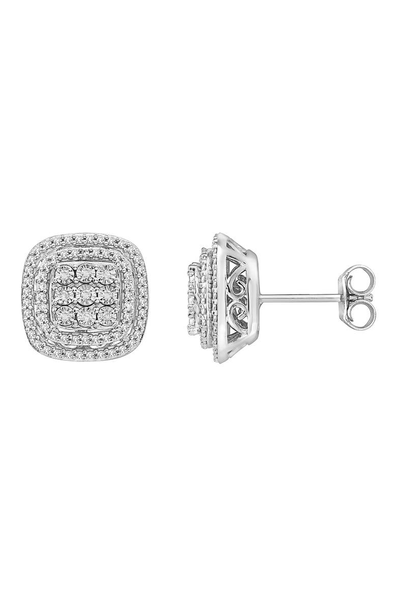 Sterling Silver Diamond Halo Cushion Stud Earrings - 0.10 ctw., Alternate, color, WHITE