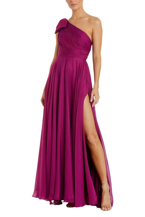 Pleated One Shoulder Chiffon Gown