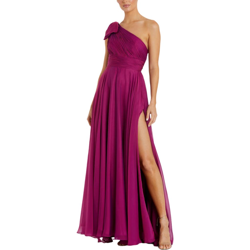 Mac Duggal Pleated One Shoulder Chiffon Gown In Raspberry