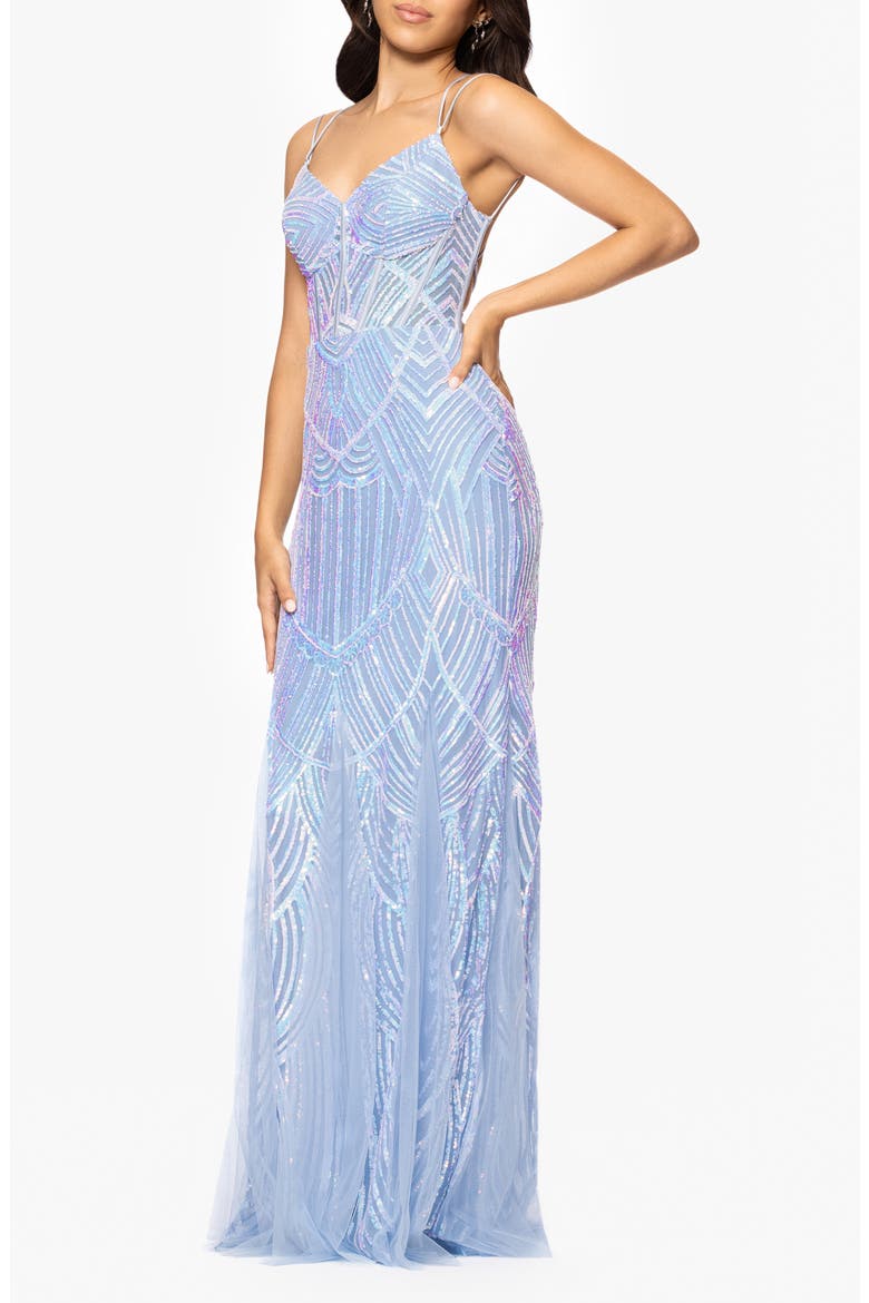 Sequin Corset Mesh Godet Mermaid Gown, Alternate, color, ICE BLUE