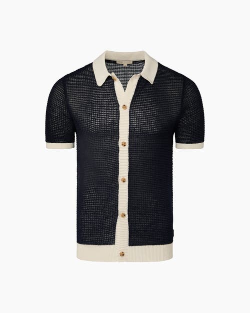 Onia Linen Short Sleeve Button Up Sweater In Deep Navy/white