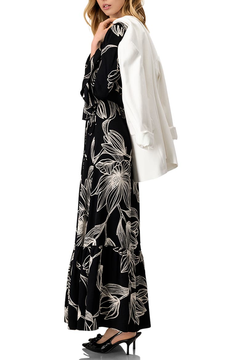 Long Black Dress with White Floral Print, Alternate, color, Black