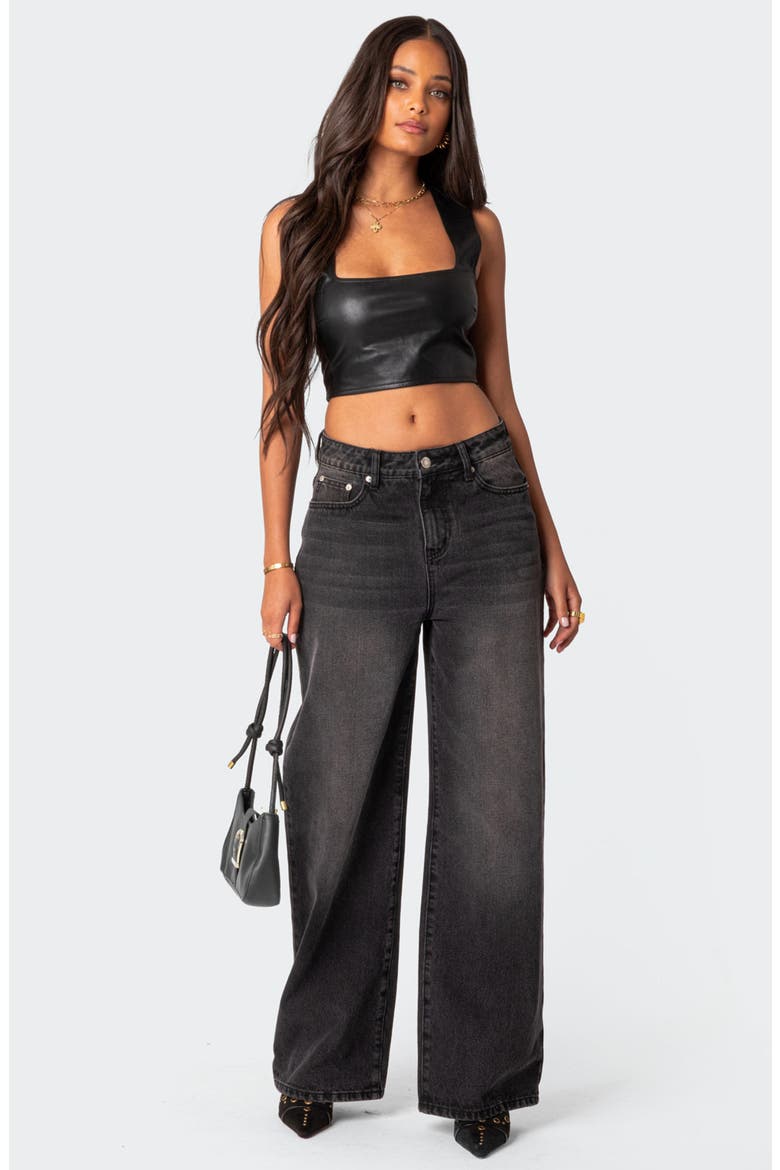 Crescent Faux Leather Crop Top, Alternate, color, BLACK