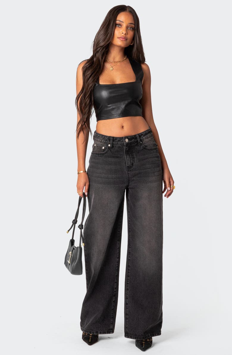 EDIKTED Crescent Faux Leather Crop Top, Alternate, color, Black