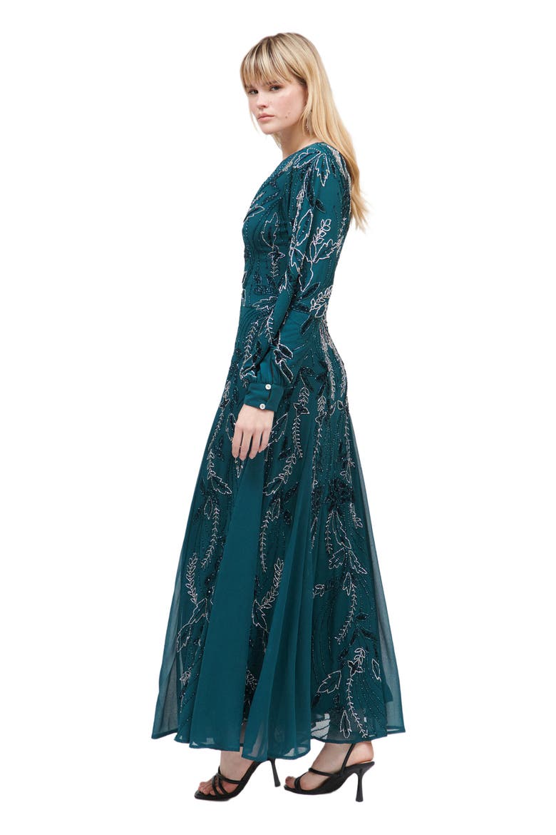 Modest Embellished Sequin Beaded Maxi Dress With Cuff Sleeves, Alternate, color, EMERALD GREEN