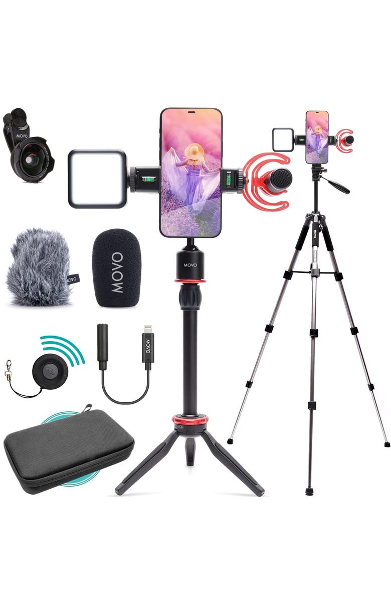MOVO iVlog1 Vlogging Kit for iPhone with Shotgun Mic, LED Light, Tabletop Tripod, Fullsize Tripod and More, Main, color, Black