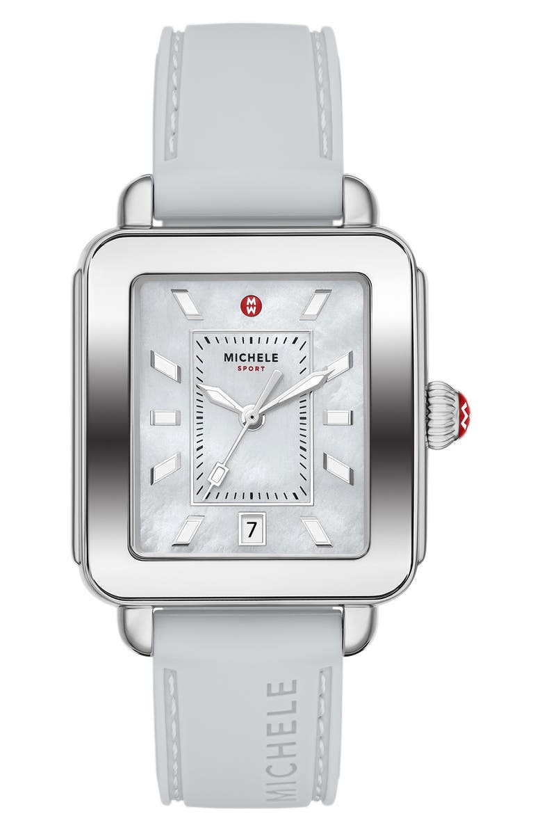 MICHELE Deco Sport Silicone Strap Watch, 34mm x 36mm, Main, color, Gray / Silver