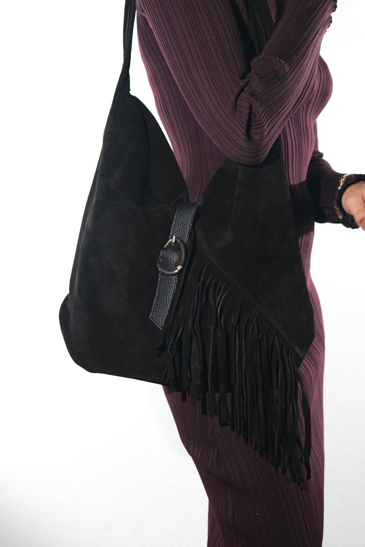 Forever & Always Shoes Noche Leather Tassel Shoulder Bag, Alternate, color, Black Suede