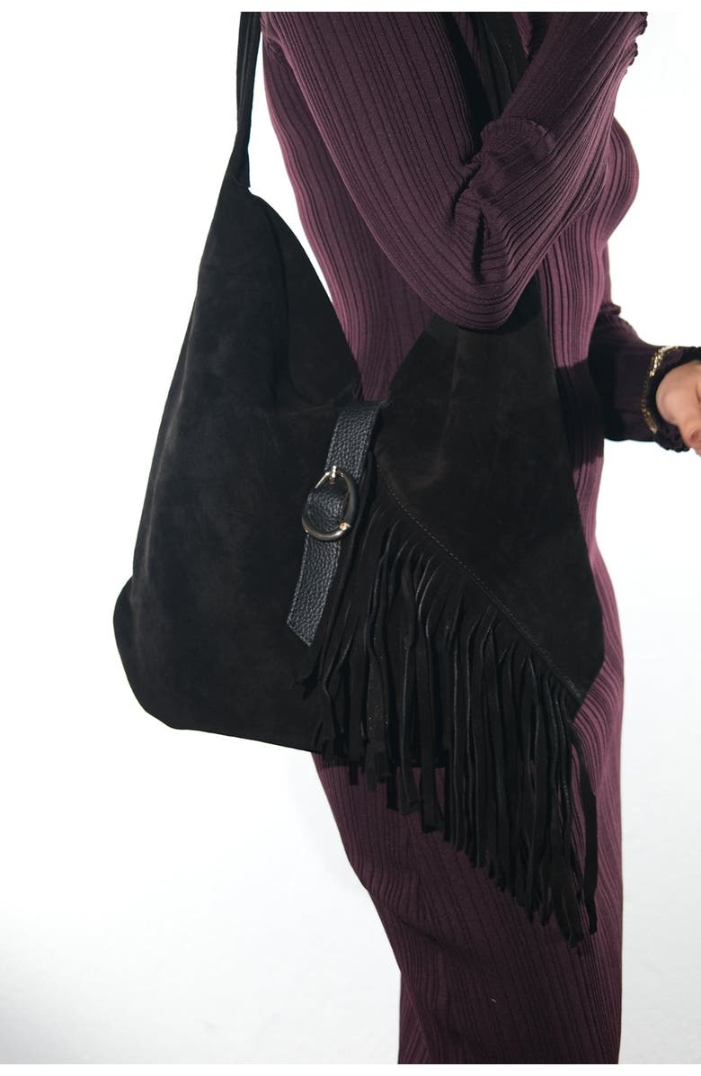 Forever & Always Shoes Noche Leather Tassel Shoulder Bag, Alternate, color, Black Suede