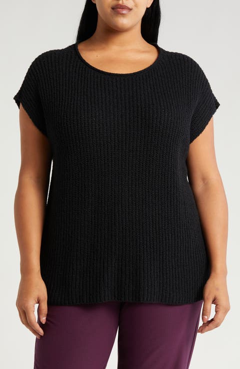 Ballet Neck Cap Sleeve Organic Cotton Sweater (Plus)