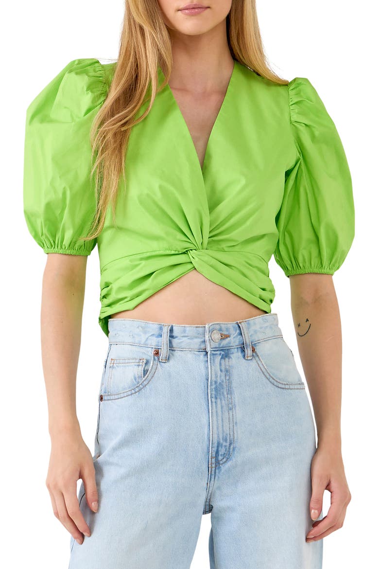 Puff Sleeve Crop Top, Main, color, GREEN