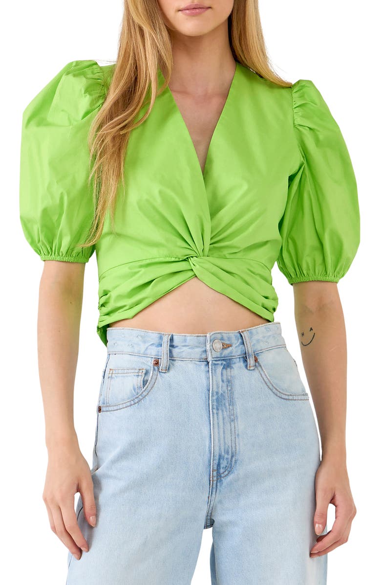 English Factory Puff Sleeve Crop Top, Main, color, Green