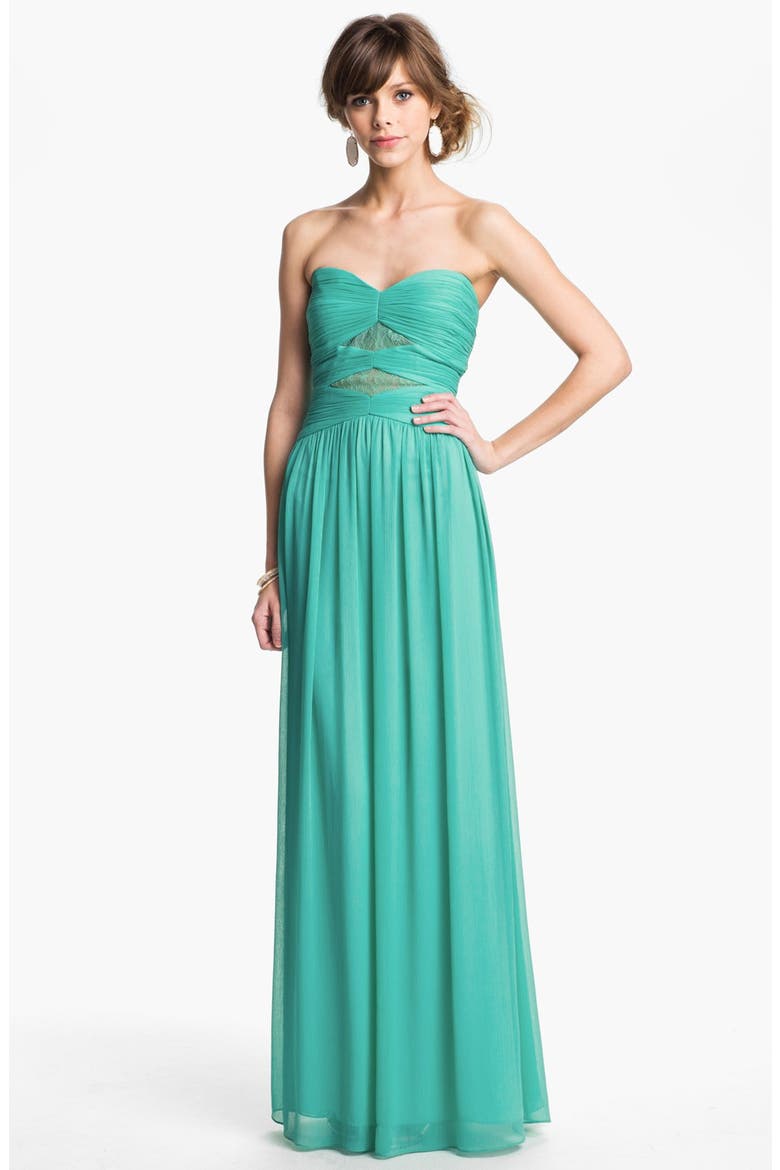 Lace Detail Crinkled Chiffon Gown, Main, color, AQUAMARINE