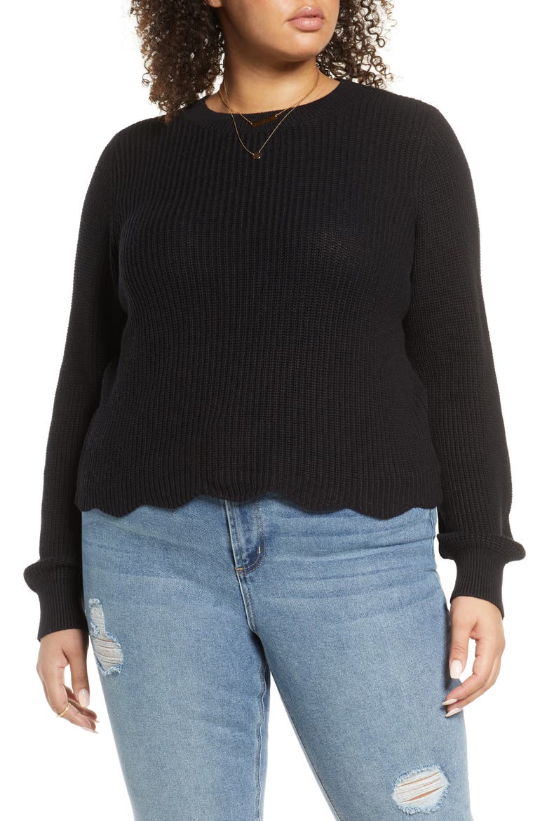 Scallop Hem Sweater, Main, color, BLACK