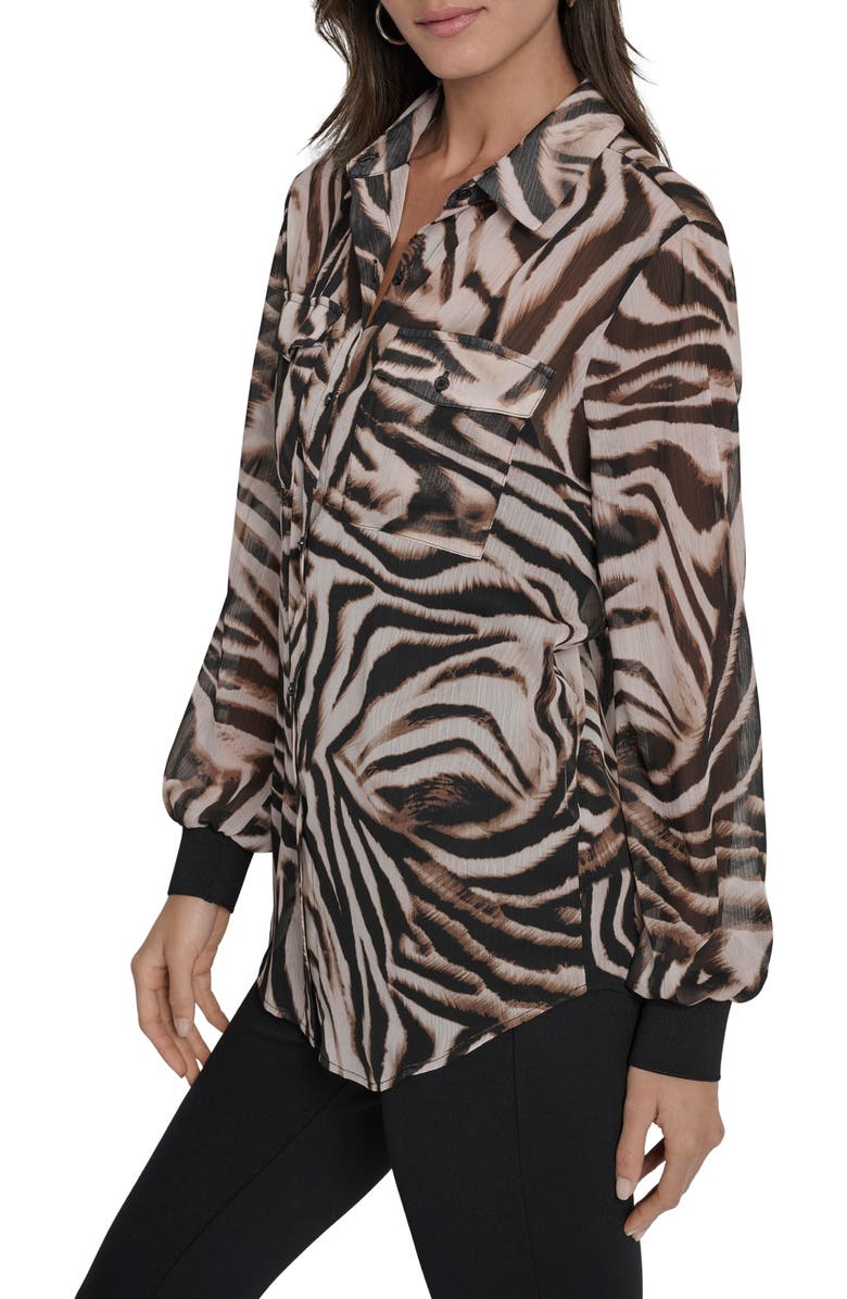 DKNY Floral Print Long Sleeve Chiffon Shirt, Alternate, color, Blurred Zebra