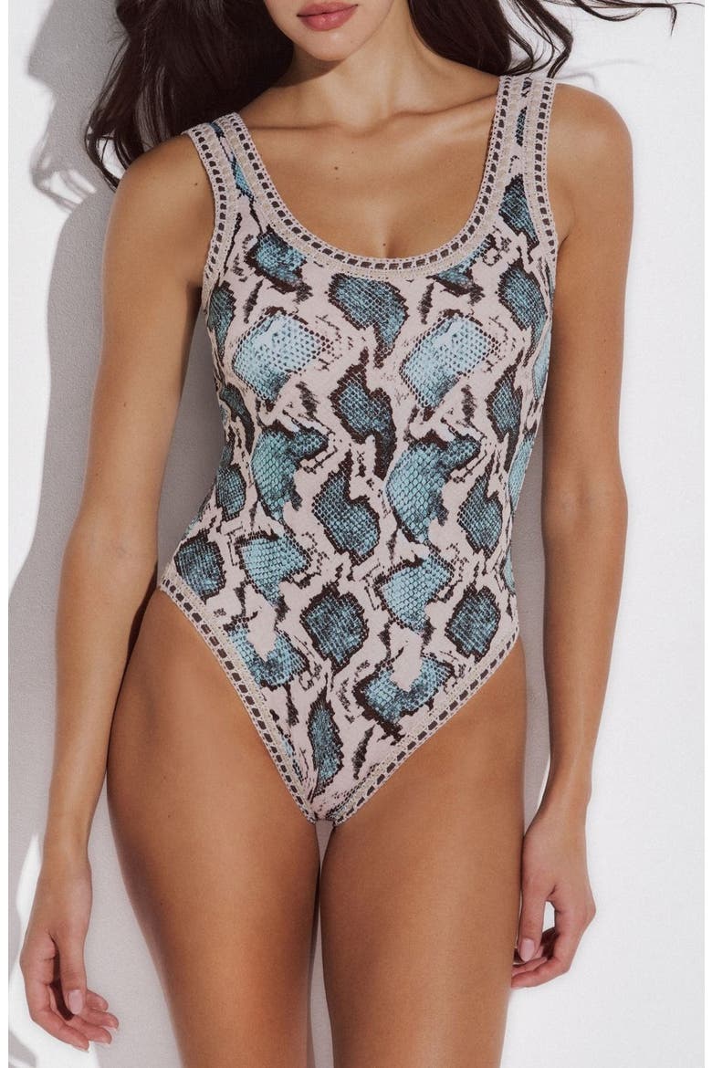 Kora One- Piece Swimsuit with Crocheted Border, Main, color, Blue Snakeskin