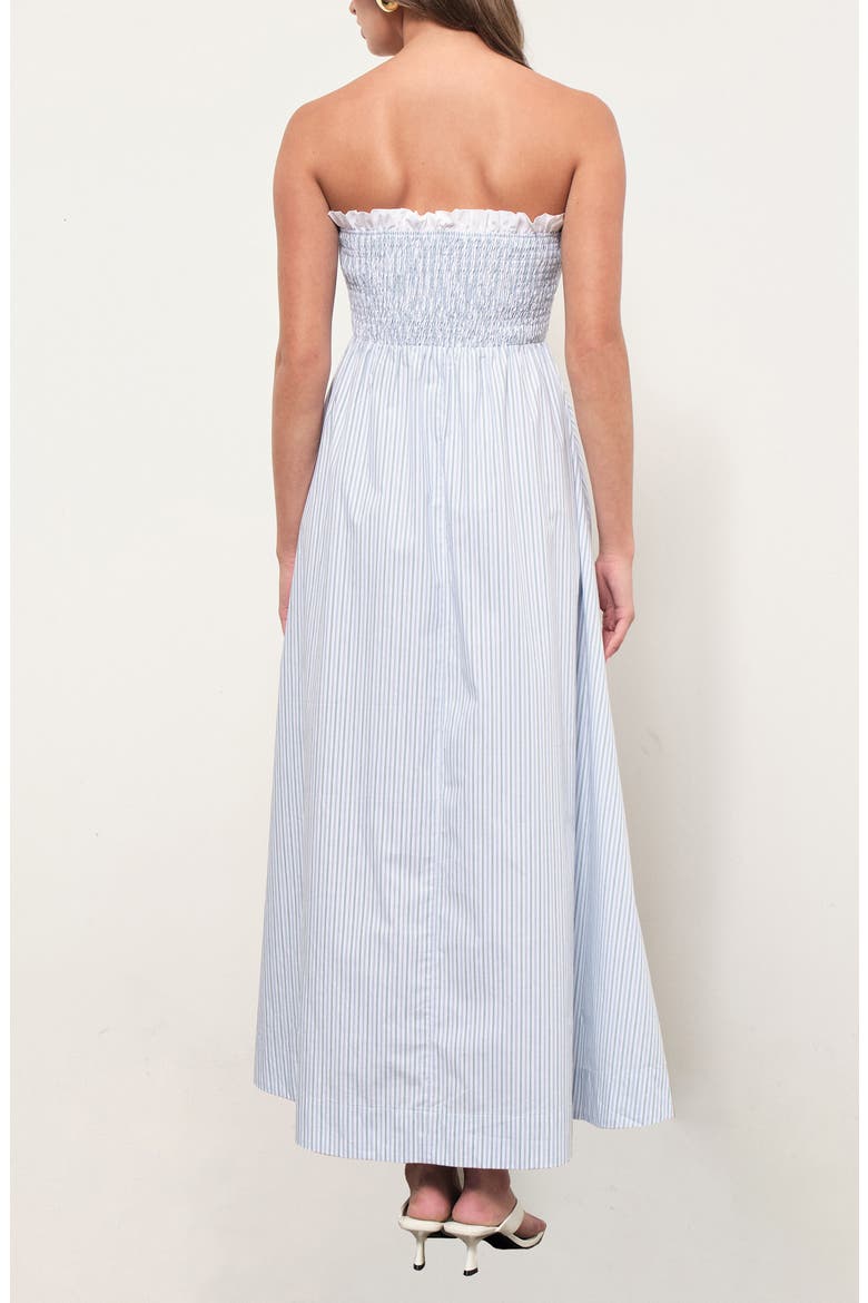 Alicia Stripe Ruffle Trim Strapless Midi Dress, Alternate, color, BLUE GREEN STRIPE