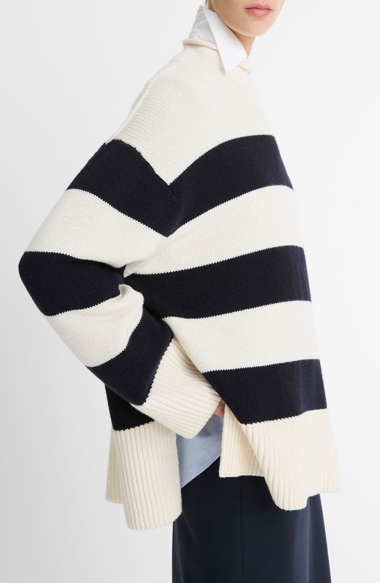 Vince Stripe Merino Wool & Cotton Sweater, Alternate, color, Off White/ Coastal
