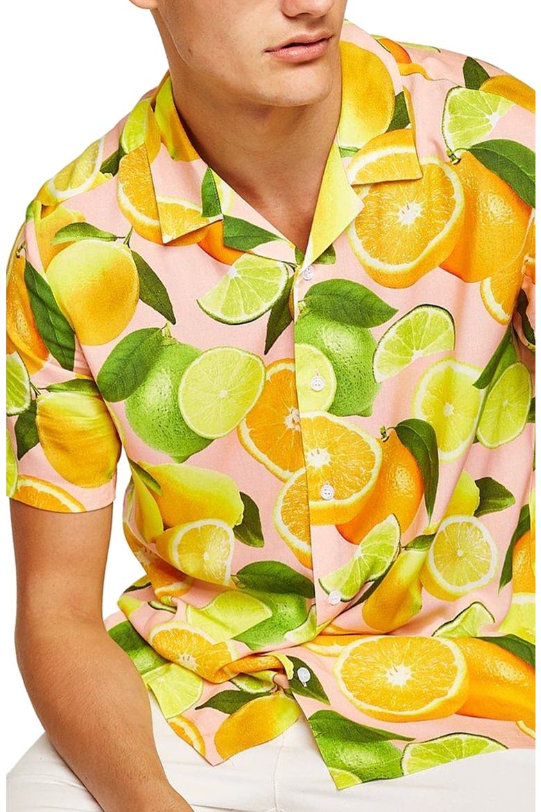 Lemon Print Camp Shirt, Main, color, PINK MULTI