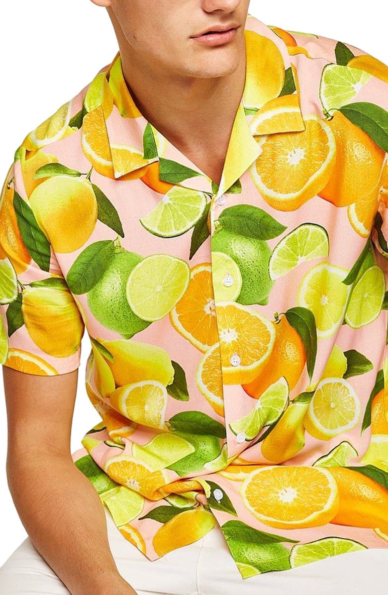 Topman Lemon Print Camp Shirt, Main, color,