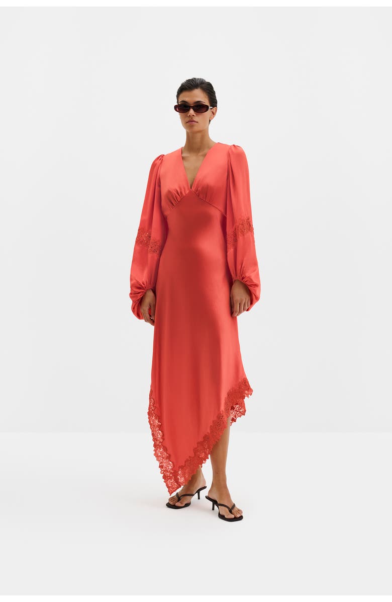 Malina Seema Asymmetric Lace Hem Maxi Dress, Main, color, Coral
