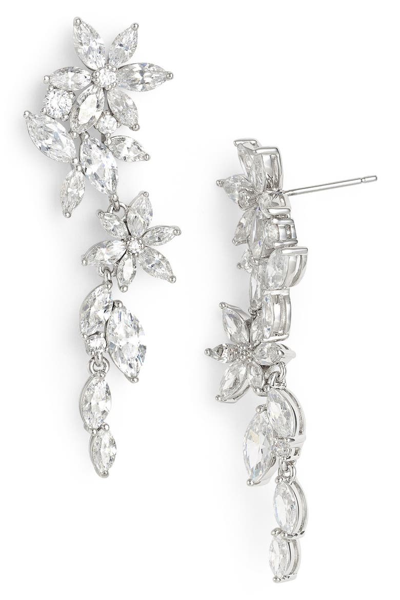 Floral Crystal Linear Drop Earrings, Main, color, SILVER