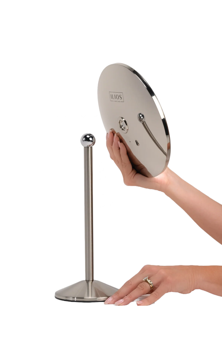 Ilios Lighting Modern Portable Rechargeable Magnetic 5x Magnication Table Mirror, Alternate, color, Silver