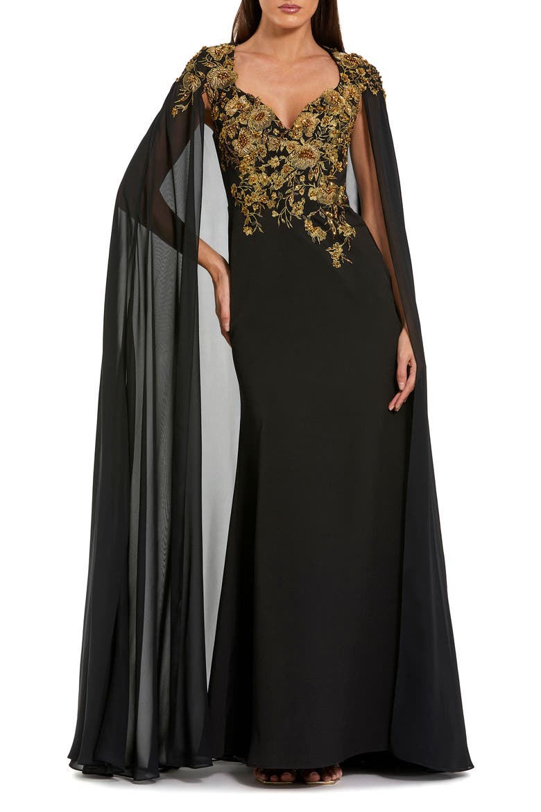 Embellished Crepe Gown With Chiffon Cape Sleeves, Main, color, Black Gold