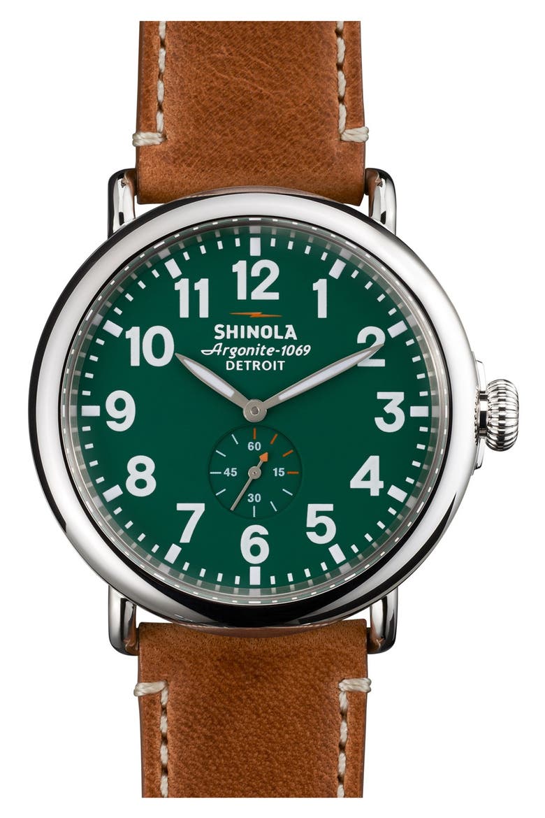 The Runwell Leather Strap Watch, 47mm, Main, color, BROWN/ GREEN/ SILVER