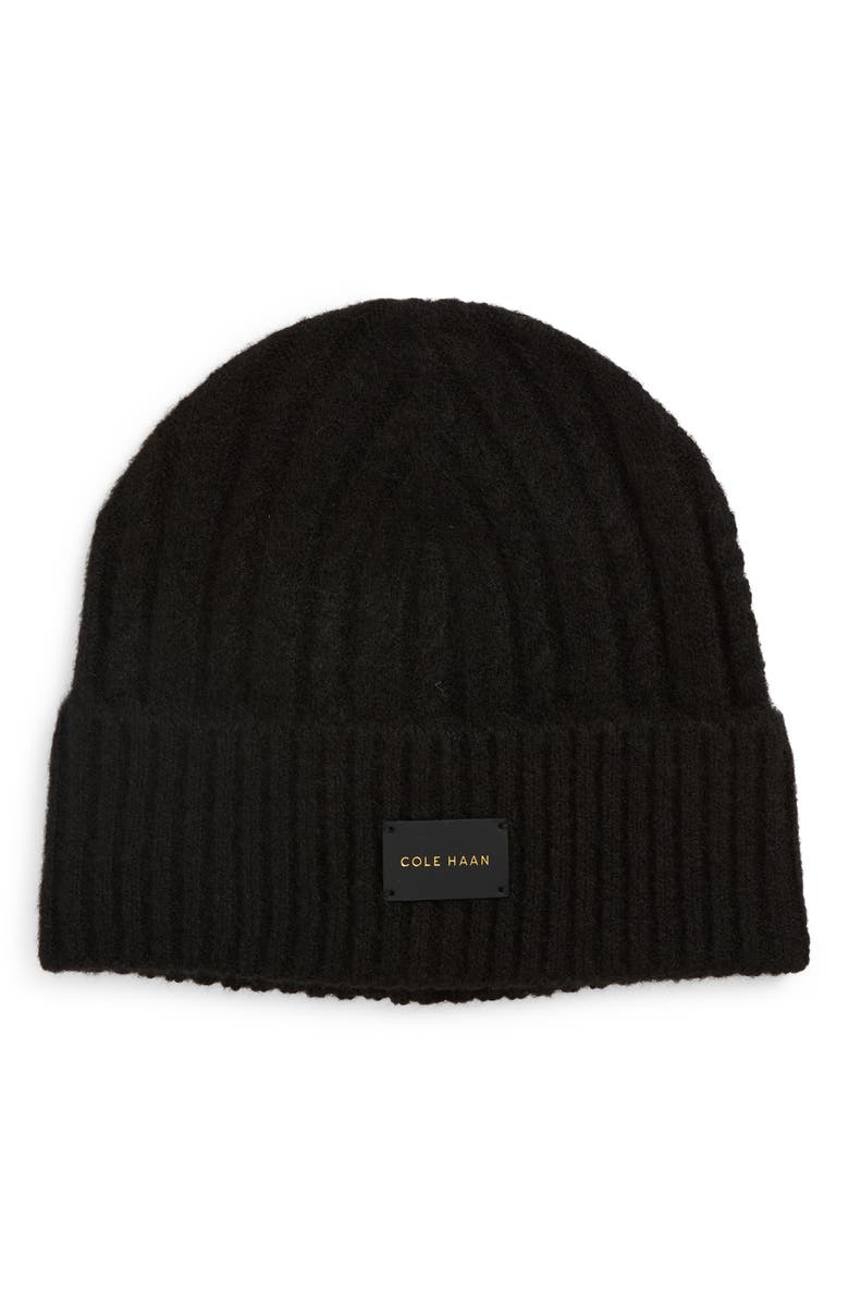 Cole Haan Cable Knit Cuffed Beanie, Main, color, Caviar