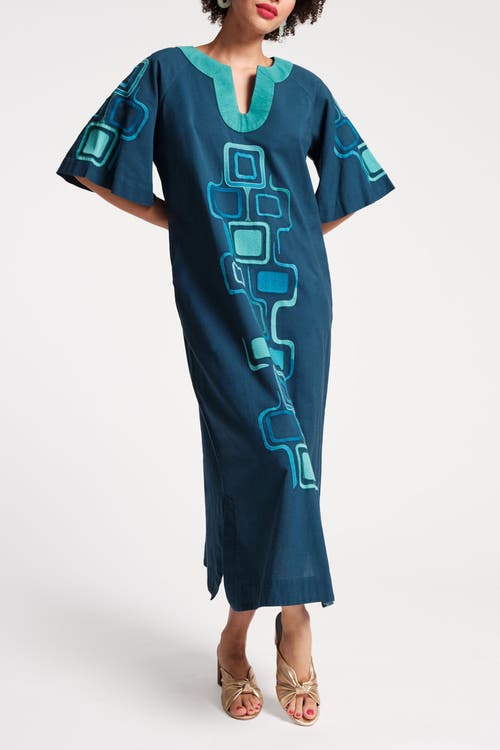 Shop Frances Valentine Charming Caftan Maxi Jetson Print Cotton Linen In Blue/multi