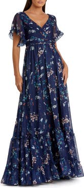 Mac Duggal Multicolor Flounce Sleeve Floral Maxi Dress