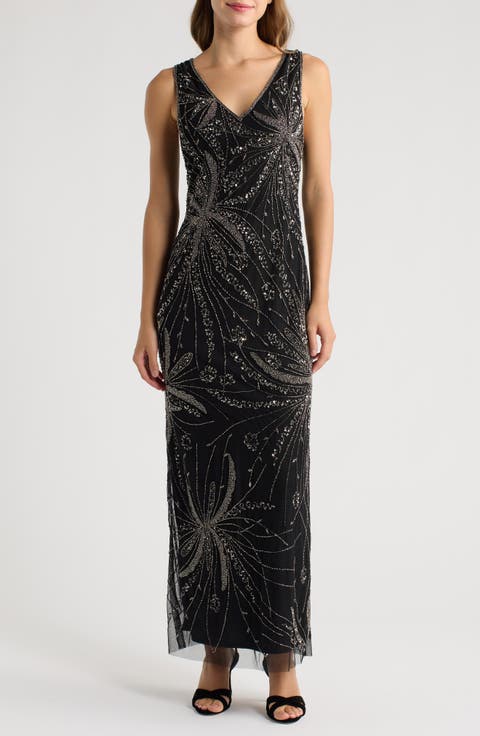 Star Burst Beaded Sleeveless Gown