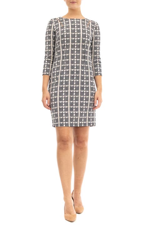 Three-Quarter Sleeve Faux Pearl Sheath Dress