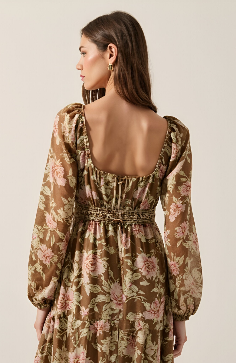 Modenaire Floral Woven Maxi Dress with Lace Trim, Bubble Sleeves and Button Front, Alternate, color, 